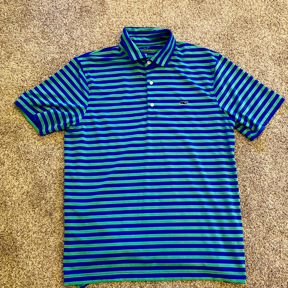 Medium Vineyard Vines golf polo. Blue and green stripe